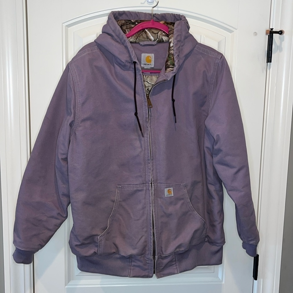 Rare HTF lavender hooded Carhartt duck zip jacket/coat with real tree lining LG